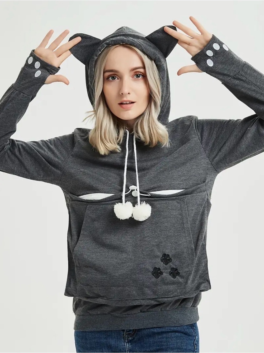 Charcoal Cat-Ear Hoodie Sweater with Pom Pom Drawstrings